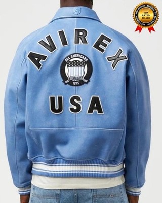 Men Avirex Sky Blue Real Bomber American Flight Jacket Faux Leather Jacket GIft