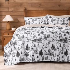 Rustic King Quilt Bedding Set, Christmas Lightweight Reversible Cabin Deer Be...