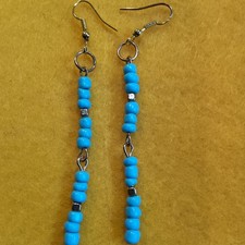 Blue Beaded Dangle Drop Earrings Silver Tone ...