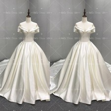 Satin Wedding Dress Train Short Sleeve Sweep Train Off-the-Shoulder Bridal Gown