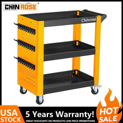 Chinrose 3 Tiers Rolling Tool Cart with Pegboard Hooks Wheels Heavy Duty Utility