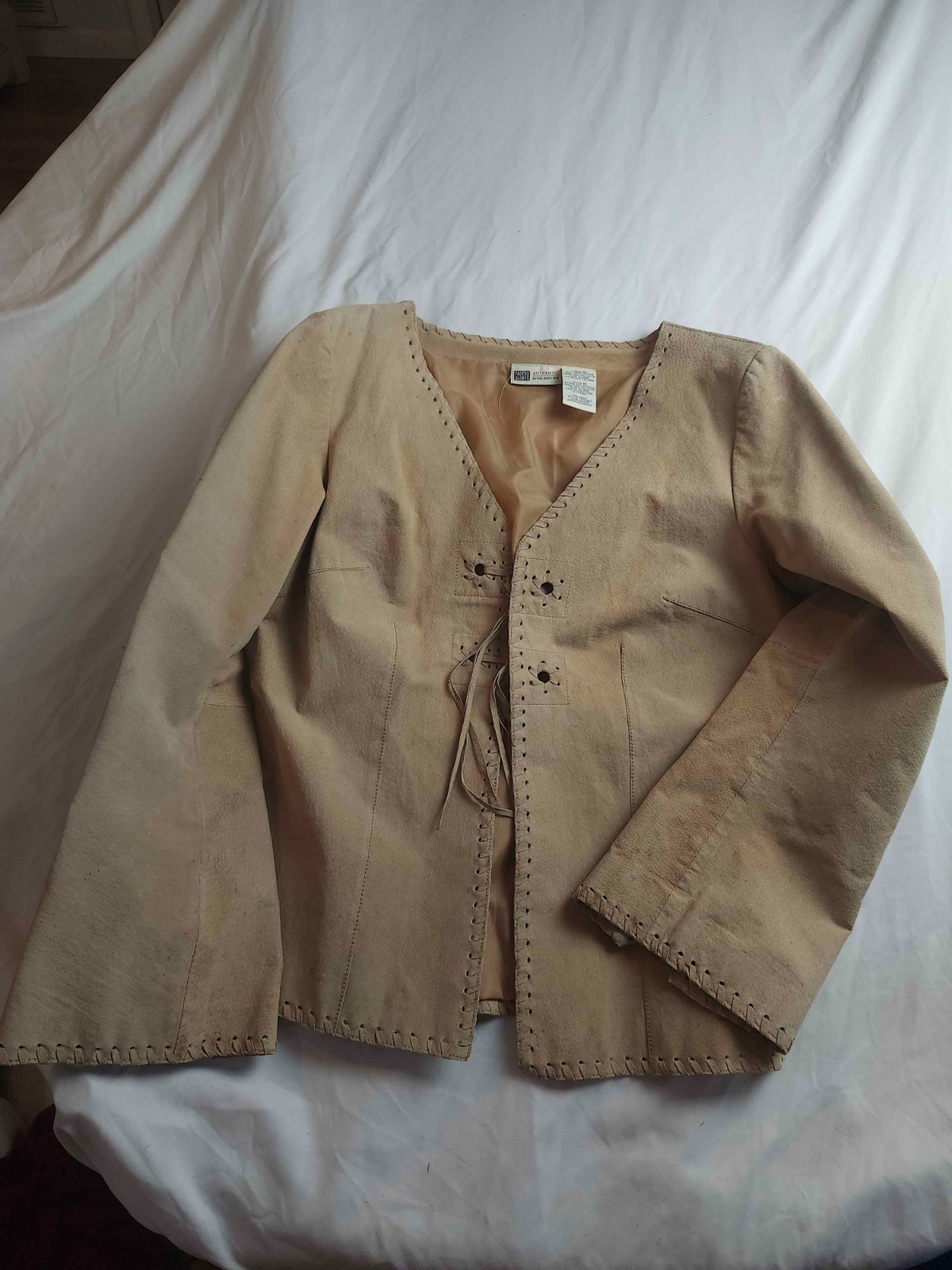VTG Faded Glory Suede Leather Jacket M Beige Tan V-Neck Boho Western Whipstitch