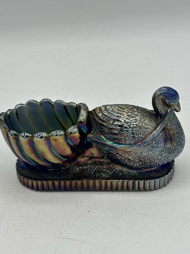 VTG Blue Iridescent Carnival Glass Swan pulling basket Toothpick/Trinket Holder