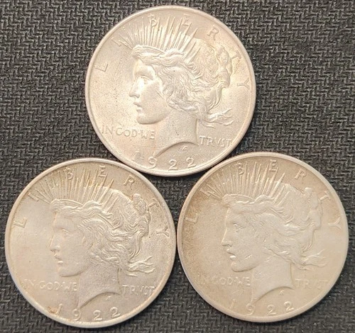 1922 PDS Silver Dollar Lot, 3 Coins, 90% Silver, Perfect For Coin Albums, P-117C