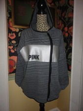 VICTORIA'S SECRET PINK L MARLE GRAY/ BLACK FULL ZIP REFLECTIVE HOODIE JACKET NWT