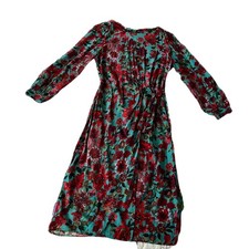 NWT Talbots Petite Floral Midi Dress Red Green Teal Long Sleeve Tie Waist