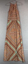 London Times Dress Womens 6 Boho Maxi Sleeveless Halter Geometric Print Summer