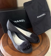 Chanel Flat Evening Shoes Black Satin Size 40 US 9 Velvet Bow / Logo + Box & Bag