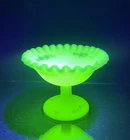 Signed Fenton URANIUM Satin Custard Glass Compote w/ Ruffled Edge & Pink Flowers