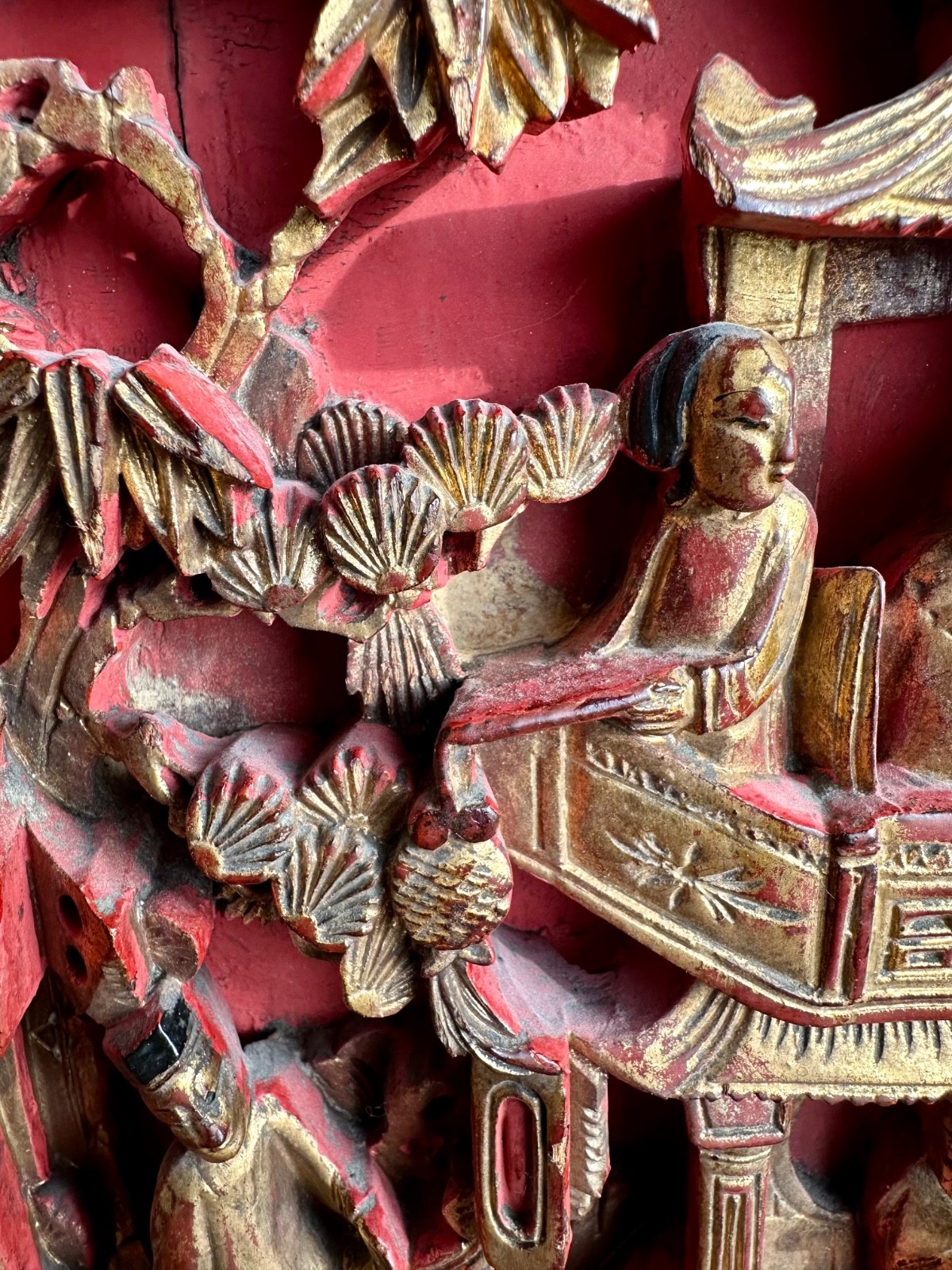 2 Antique Chinese Red & Gilt Wooden Deep Carved Panel Wood 19th Century