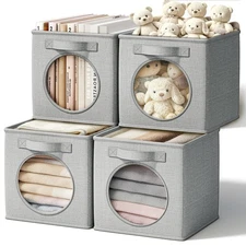 Foldable Fabric Storage Cube with Round Window - 4 Pack 11"x11"x11" Collapsib...