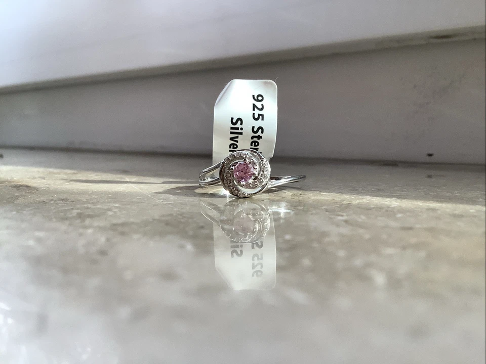 Juwelkerze Ring 925 Sterling Silver mit weißen und rosanem Stein Gr. L  *neu*