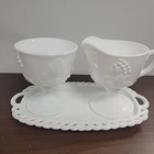Vintage Indiana Colony Harvest White Milk Glass Cream & Sugar w Tray Grapes