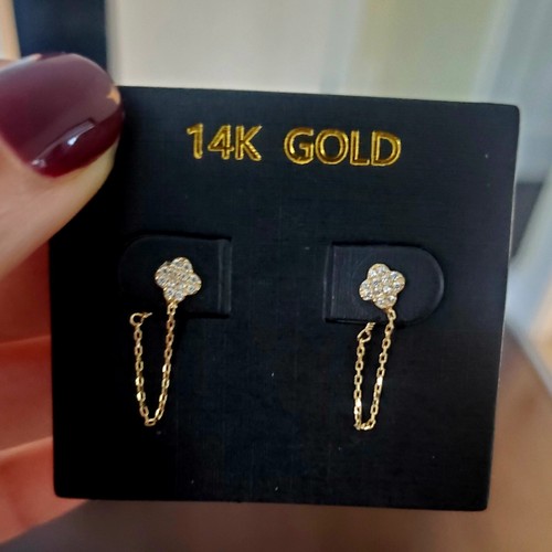 14K SOLID YELLOW GOLD DOUBLE PIERCE CHAIN CLOVER EARRINGS DAINTY LIKE CATBIRD