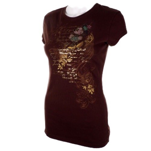 Retro Disney Minnie Womens T Shirt Size Medium 7/8 Fitted Mouse Scoop Brown Gold - Picture 1 of 8