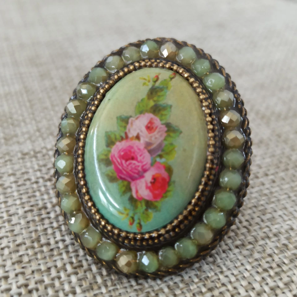 Anillo Michal Negrin Rosas Macizas Cabujón Declaración y Cristales de Swarovski Verdes Foto 3 de 4