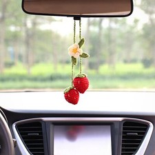 Bunny Crochet Strawberry Car Hanging Ornament, Handmade Car Rear View Mirror ...