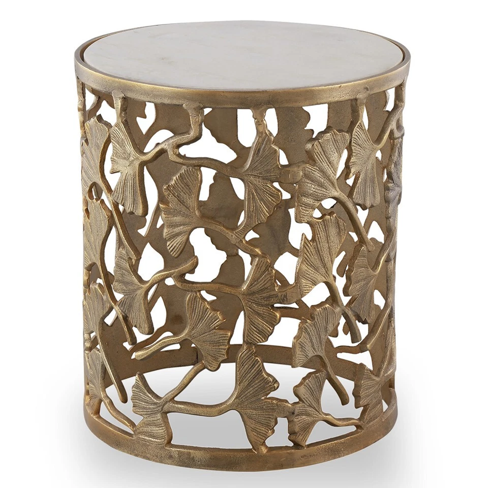 Luxurious Look Aluminum Gingko Leaf Stool With Marble Top Indoor Outdoor Decor - Image 2 of 3