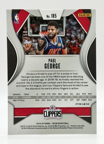 2019-20 Prizm Fast Break Pink #185 Paul George 47/50 Los Angeles Clippers - Picture 2 of 2