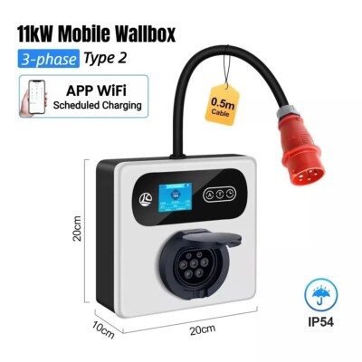 Mobile Wallbox EV Charger Type 2, 6-16A, 11kW 3-phase, WiFi APP Fast Charging