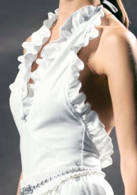 Chanel CC Logo Swimsuit One-Piece White Ruffle Stretch