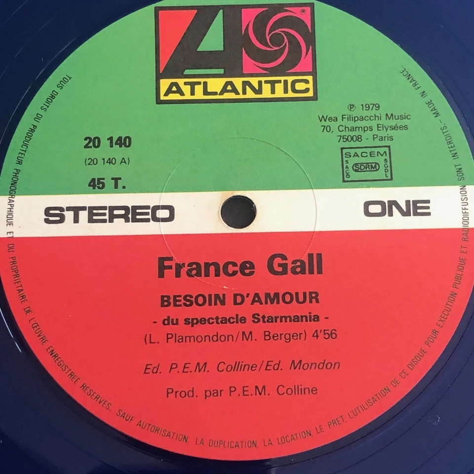 45t géant vinyl bleu - France Gall – Besoin D'amour (Extrait  Starmania) maxi 45 - Photo 4/4