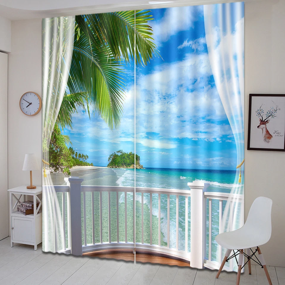 Cortinas de ventana de impresión de tela con estampado 3D de palmeras de playa tropical Foto 2 de 4