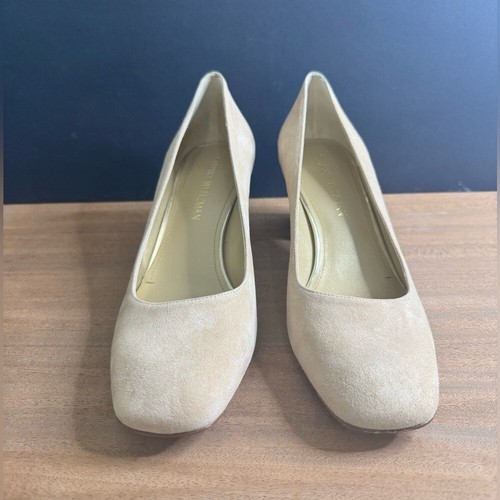 Stuart Weitzman MaryMid Suede Pump Block Heel Summer in Bisque Leather Shoes - Picture 3 of 8