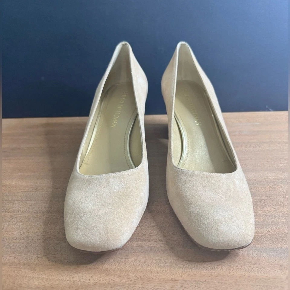 Stuart Weitzman MaryMid Suede Pump Block Heel Summer in Bisque Leather Shoes - Image 3 of 4