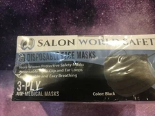  Salon World Safety Black Masks (Sealed Dispenser Box of 50) - 3 Layer Face with