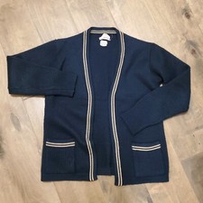 Early VTG Saks Fifth Avenue S/M Navy Tan Wool Blend Cardigan Sweater 50s/60s