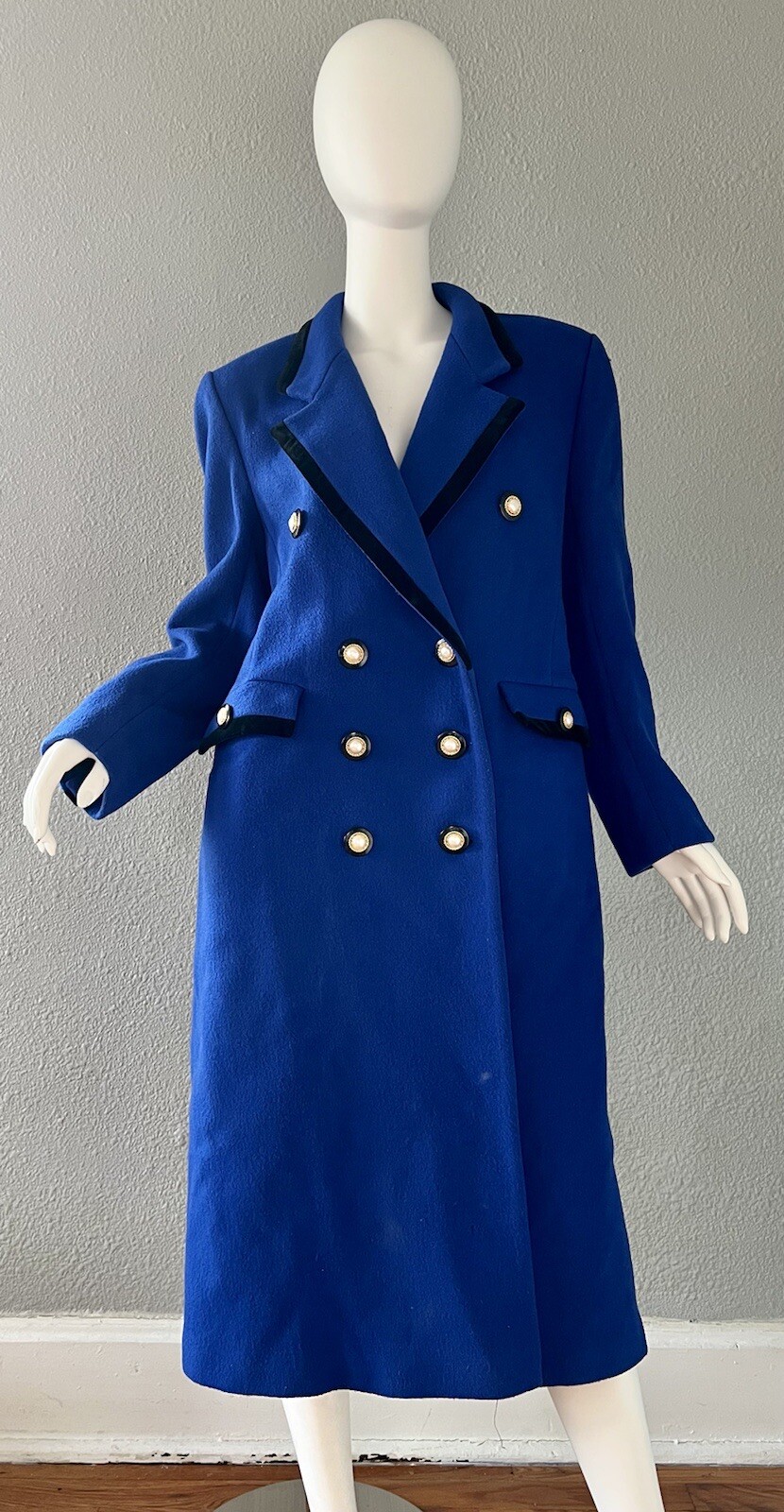 Vintage 80s Blue Military WOOL Double Breasted VELVET… Gem