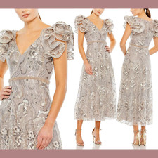 NWT$598 Mac Duggal [ 6 ] Embellished Ruffled Cap Sleeve A Line Dress Champ G1691