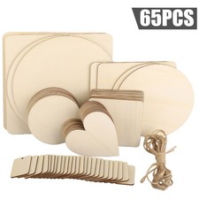 65pcs Craft Wood Slices Blanks Mixed Round Square Heart Twine for New Year