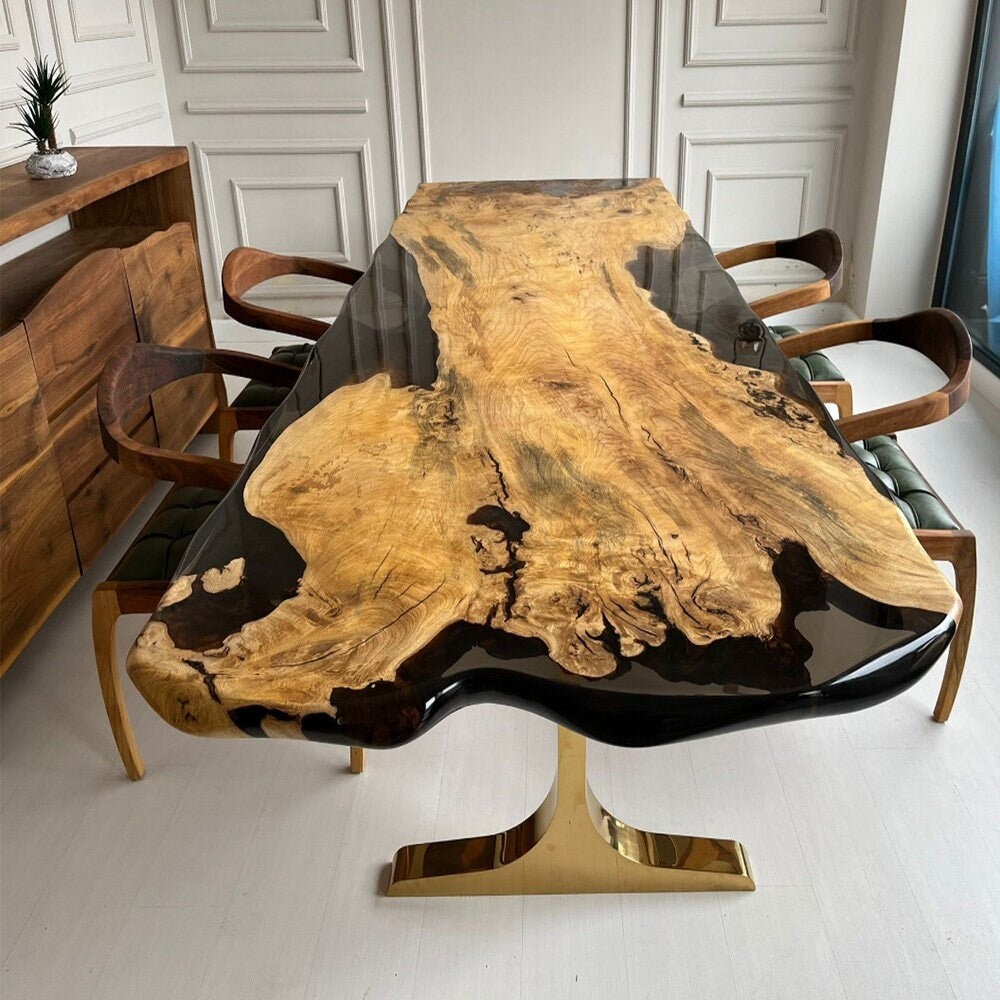 Solid Walnut Epoxy River Table Black Resin Luxury Dining Des