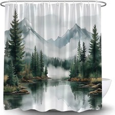 Green Misty Forest Shower Curtain Mountain Foggy Pine Trees Landscape Watercolor