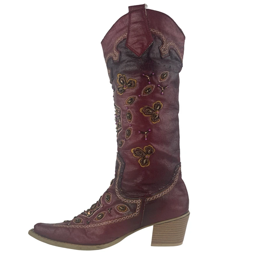 Botas de Vaquero Wanted Borgoña para Mujer Bordadas Estrás Tacón Grueso Talla 6 Foto 3 de 4