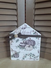 Handmade Primitive Fall Thanksgiving 7" Wood House with Scrapbook Paper