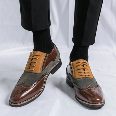 Match Color Business Dress Shoes Pointed Lace-up Brock Carved Leather Male Shoes