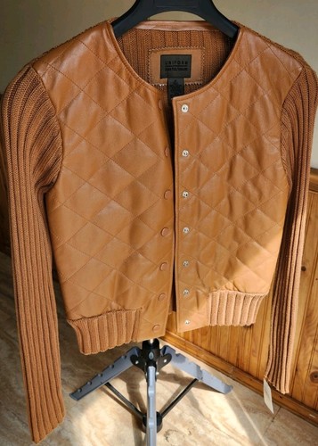 John Paul Richard Uniform Brown Leather Quilted Sweater Jacket Woman Snap M-NWT - Picture 5 of 5