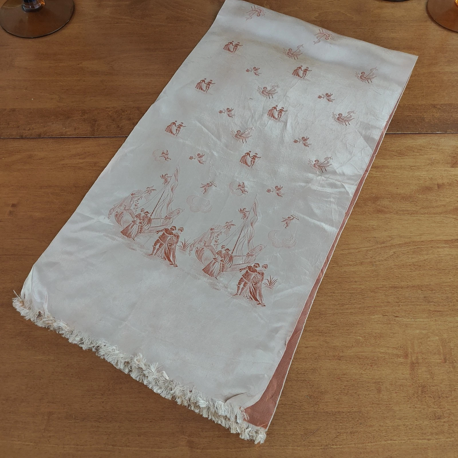 Antique Silk Men's Opera Scarf Peach w Fringe Toile de Jouy Lovers & Cherubs 46"