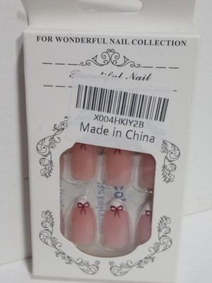 Cute Pink Nude French Tip Press-On Nails Short Round Bow Design False Artificial