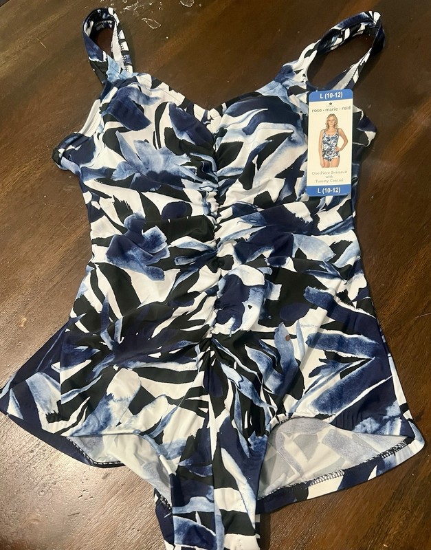 Rose Marie Reid Women's 1 Piece W/ Tummy Control. Blue & White Floral Sz Lg. NWT