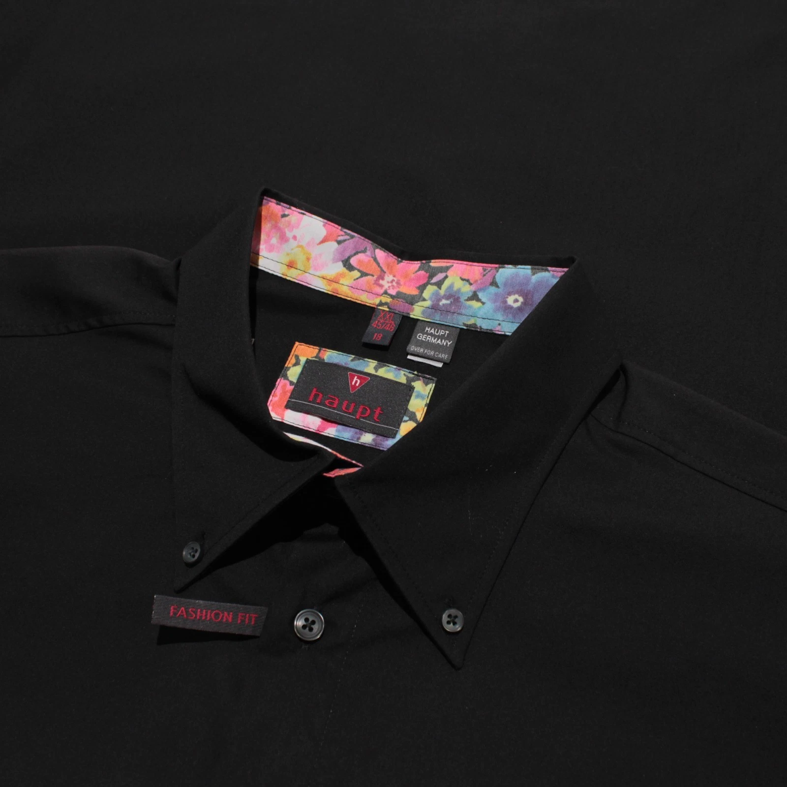 Haupt NWT Casual Button Down Shirt Size 45/46 18 XXL in Black with Floral Trim