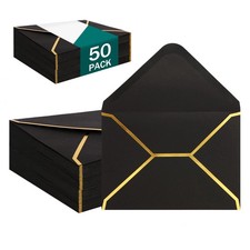 50 Pack Black A7 Envelopes 5X7, Self Adhesive with Gold Border for Invitations