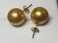 AAAA 14mm Golden Natural Australian South Sea Shell Pearl Earrings 14k Gold