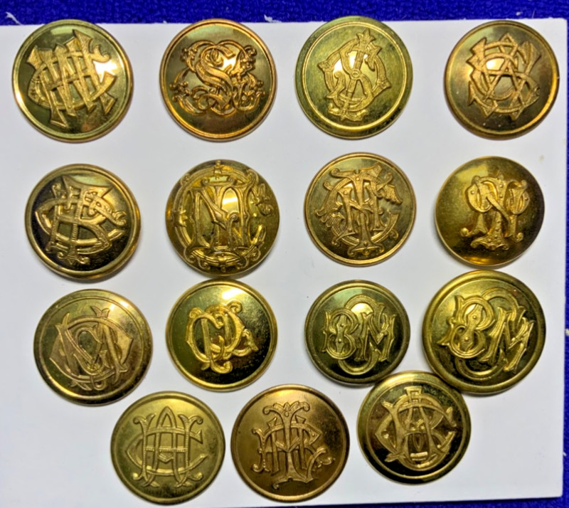 15 BRITISH LIVERY 3 LETTER  MONOGRAM GILT COAT BUTTONS (2 are same) 19th & 20thC