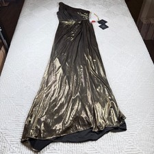 IEENA for MAC DUGGAL Dress 2 Metallic Gold One Shoulder Ruched Gown Evening