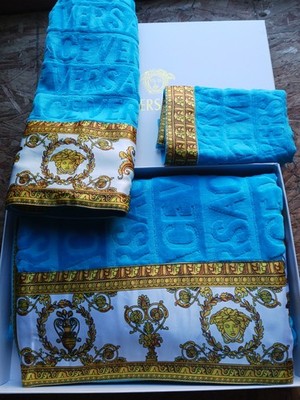VERSACE HOME  TOWEL SET BAROQUE BLUE BATHROOM BEACH 