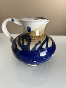 Small Studio Pottery Pitcher Blue/Brown/Cream Drip Glaze Signed 1977 Vintage